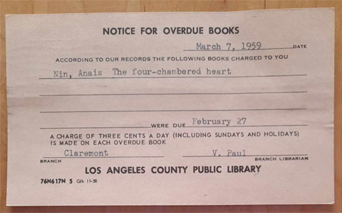 Library Notice, Claremont, 1959